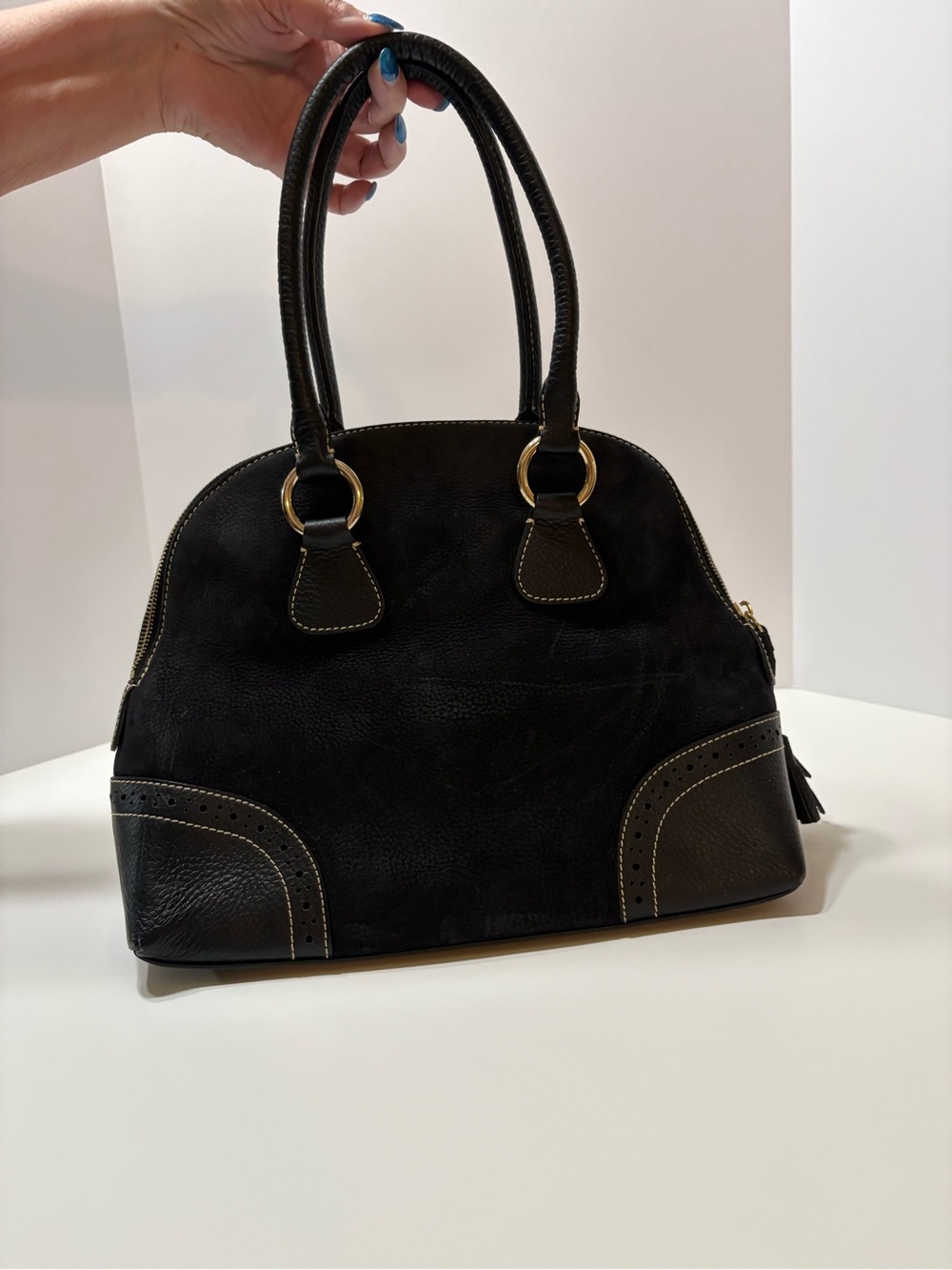 Dooney & Bourke Black Leather Dome Satchel with Tassel and Gold Hardware - Picture 2 of 16